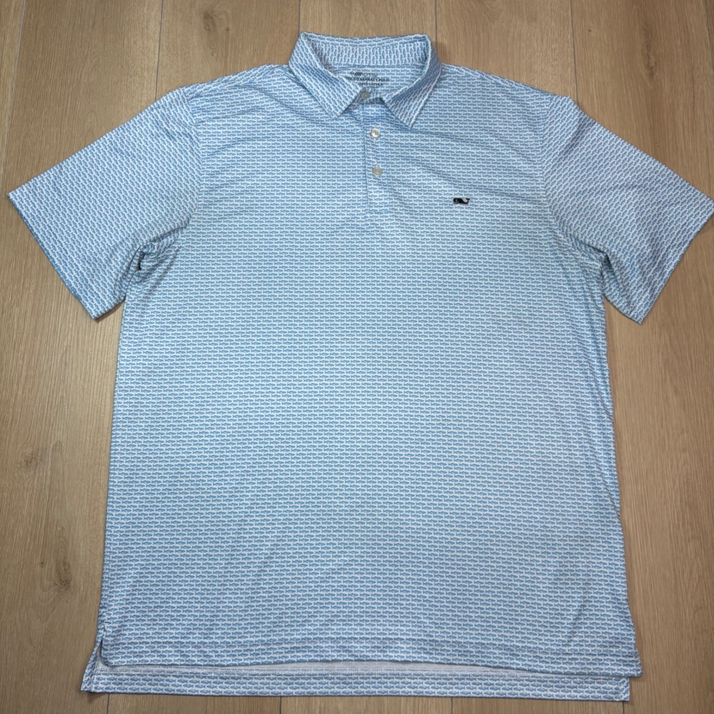 Vineyard Vines On-The-Go Sankaty Polo Mens L Blue White Fish Print Performance